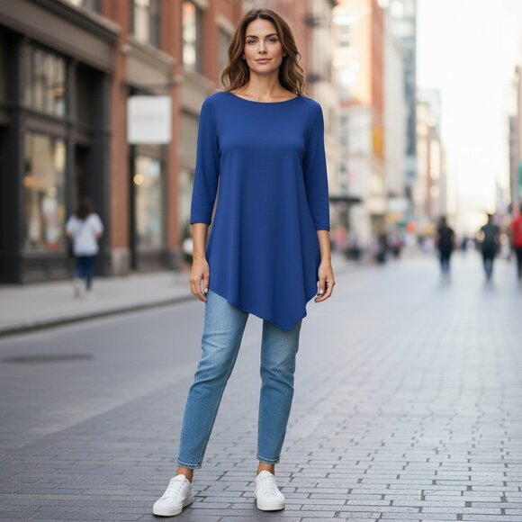 Kate & Mallory Asymmetric Hem Cutout Back Tunic Top Sz L Blue #188H - Picture 2 of 10